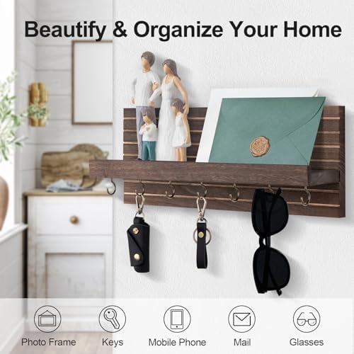 Lwenki Decorative Key Holder for Wall with Shelf, Entryway Shelf with Hooks Holds Leashes, Jackets and Glasses – Sturdy Wood Keyholder Entrance Hanger with Mounting Hardware (Brown, Large) - Image 3