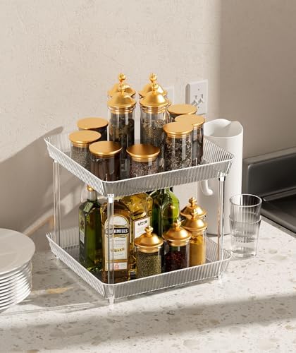 3 Tier Lazy Susan Bathroom Countertop Organizer, 360° Clear Rotating Square Storage Tray, Cosmetics and Perfume Organizer, Spinning Storage Tray Vanity Organizer Shelf for Bathroom Cabinet, Kitchen - Image 4