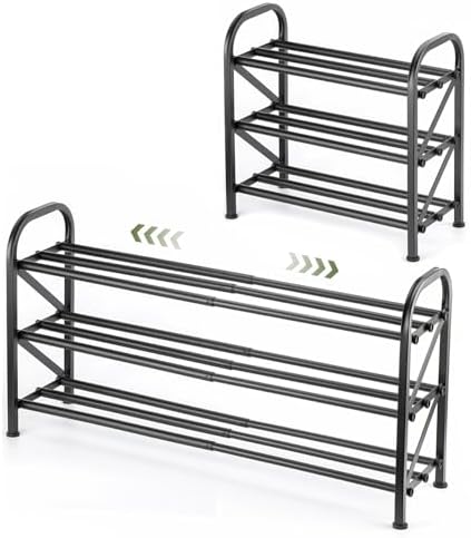 3 Tier Expandable Shoe Rack for Closet, Adjustable Small Shoe Organizer Storage, Heavy Metal Free Standing Narrow Shoe Racks for Entryway, Garage, Doorway Black 16"-33" by Atrastout
