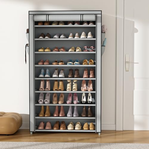 VILICK Shoe Rack with Cover Narrow Shoe Organizer with Pockets 10 Tier Tall Shoe Storage Holds 36-41 Pairs Shoes and Boots Shoe Rack for Closet Entryway Garage, Grey - Image 2