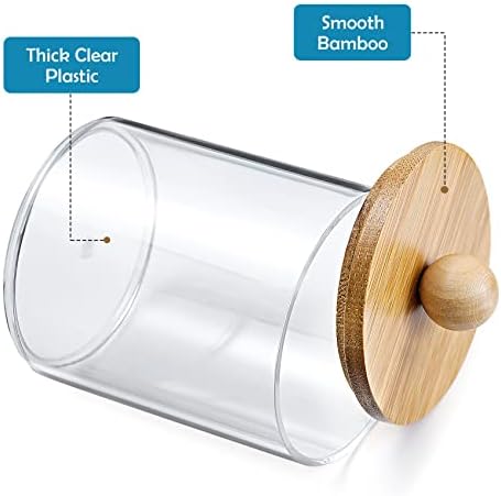 2 Pack Qtip Holder Dispenser with Bamboo Lids - 10 oz Clear Plastic Apothecary Jar Containers for Vanity Makeup Organizer Storage - Bathroom Accessories Set for Cotton Swab, Ball, Pads, Floss - Image 4