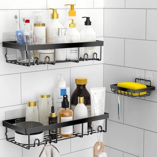 Moforoco 3-Pack Shower Caddy Basket Shelf with Soap Holder, No Drilling Traceless Adhesive Shower Wall Shelves, Rustproof Black Bathroom Shower Storage Organizer by MOFOROCO