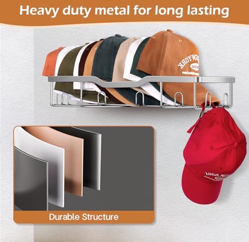 KEETDY Metal Hat Racks for Baseball Caps Wall Hat Organizer Fit 48 Caps Holder, 2 Packs Sturdy Wall Mounted Snapback Storage Organizer, Silver - Image 2