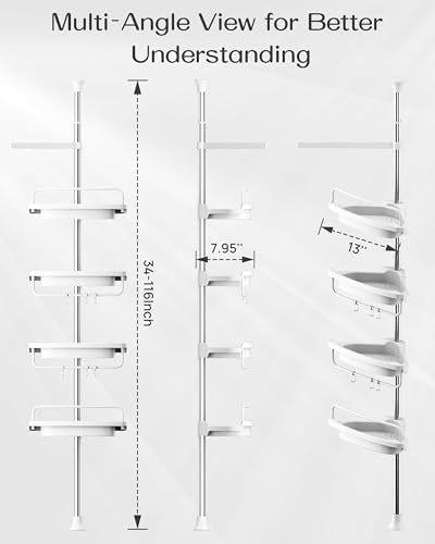 ALLZONE Corner Shower Caddy Tension Pole, Extendable Rustproof Stainless Steel Pole & 4-Tier Adjustable Shelves for Easy Drainage and Built-to-Last Stability, 34 to 116 Inches, White - Image 2