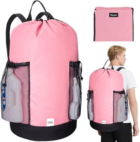 BALEINE 2PK 150L Laundry Bag Backpack, 900D Oxford Fabric Large Travel Laundry Bags with Shoulder Straps and 2 Mesh Pockets for College Dorm, Apartment, Laundromat (Pink, 150L) by BALEINE