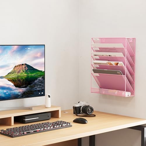 EasyPAG 5 Tier Wall File Holder, Mesh Hanging Folder Organizer with Classify Label, Versatile Desk File Holder, Vertical Wall Mounted Mail Organizer for Office Home Cubicle, Pink - Image 5