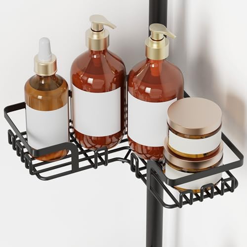 ZUNTO Tension Pole Shower Caddy Corner for Bathroom, Adjustable 25in-114in Floor to Ceiling, Standing Shower Tension Rod Organizer, 4 Tier Storage Shelves with Hooks, Black - Image 4