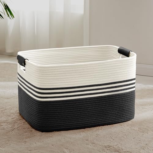72L Large Woven Laundry Basket Hamper with Leather Handles,Black by SunNewt