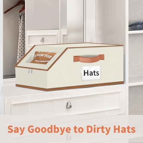 Hat Organizer for Baseball Caps - 2PCS Stackable Storage with Clear Window Lid, Flip-Top Access, Space-Saving Hat Box for Closet, Breathable Fabric (beige with brown) - Image 4