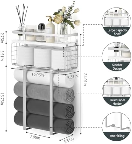 Towel Racks for Bathroom, Bathroom Shelf Over Toilet,Floating Shelves with Towel Rack Paper Holder Storage Basket,Floating Shelves for Wall Decor,Silver - Image 3