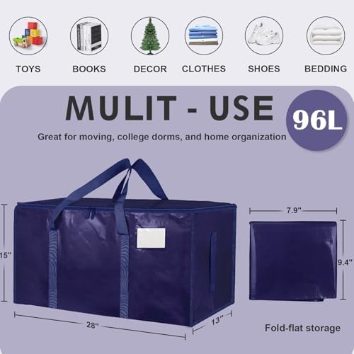 4 Pack-Extra Large Heavy Duty Moving Bags - Waterproof Storage Totes with Handles & Zippers, Foldable for College Dorm, Storage (Dark Blue) - Image 2