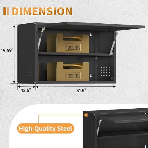 Metal Garage Wall Cabinet with Up-Flip Door, Black Float Tool Cabenit with Adjustable Shelf,Upper Storage Cabinets with Pegboard for Kitchen,Garage,Workshop,Warehouse (19.7" H,Black) - Image 2