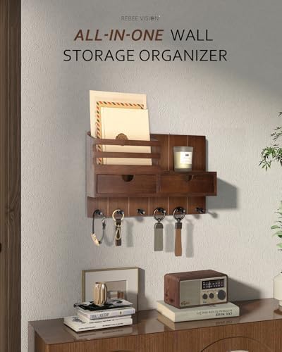 Rebee Vision Key Holder Wall Mount with 2 Drawers for Entryway, Brown - Image 2
