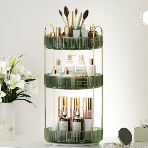 360° Rotating Makeup Organizer, Upgraded 3 Tier Skincare Perfume Organizers for Women, Bathroom Organizer Countertop, Clear Cosmetic Dresser Organizer with Makeup Brush Holder, Sink&Counter (Green) - Image 6