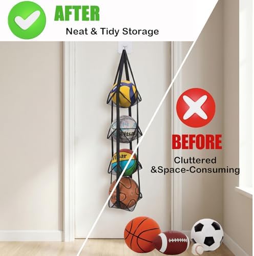 Black Hanging Sports Ball Organizer Bag | Mesh Wall Mount Storage for Basketball, Football, Soccer, Volleyball | Garage & Home Equipment Storage Solution - Image 7