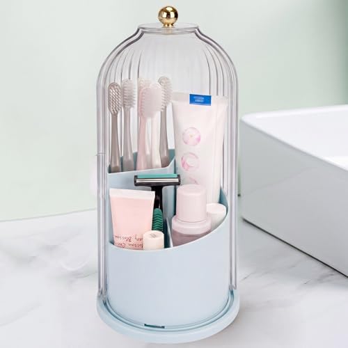 QIYVLOS Toothbrush Holders with Sliding Lid, Rotating 3 Slots Bathroom Organizer Countertop, Tooth Brush Toothpaste Holder Bathroom Counter Stand Sink Organizer Caddy for Makeup Brushes Holder (Blue) by QIYVLOS