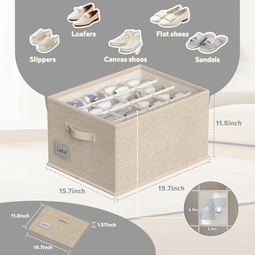 2 Pack Shoe Organizer for Closet, Fits 16-32 Pairs Fabric Shoe Storage Bins Large Shoe Box Storage Containers with Bottom Support for Shoes Space Saving Shoes Holder (Beige, 19.7*15.7*11.8in) - Image 2