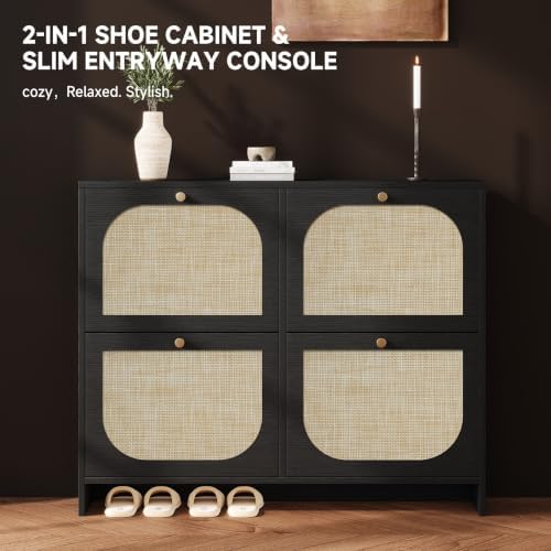 Shoe Cabinet for Entryway with 4 Flip Drawers, 9.5" Slim Wooden Shoe Storage Cabinet Fits Size 12+ Boots, Arched Rattan Hidden Shoe Organizer with Adjustable Shelves for Hallway, Foyer, Living Room - Image 3