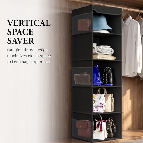 Simple Houseware 5 Shelf Hanging Closet Organizer, Black | 360° Rotating Dual Hooks, Top Support Metal Frame, 6 Side Mesh Pockets - Image 7