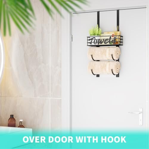 HapiRm Towel Racks for Bathroom Storage - 3 Tier Over The Door & Wall Mount Rolled Towel Storage Organizer Holder with Metal Shelf Basket for Small Bathroom, Camper, Rv - Black, Patented - Image 4