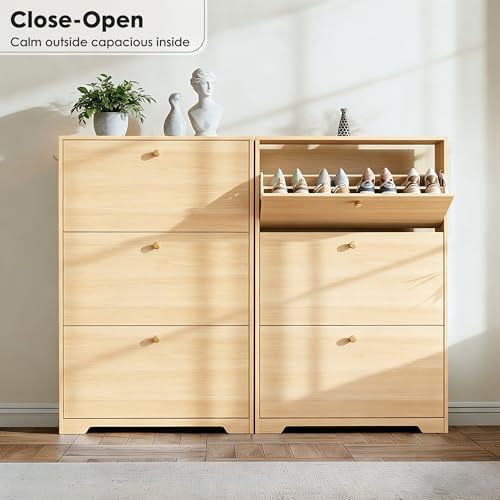 Nicetree Shoe Cabinet with 3 Flip Drawers, Entryway Storage, Natural Oak - Image 6