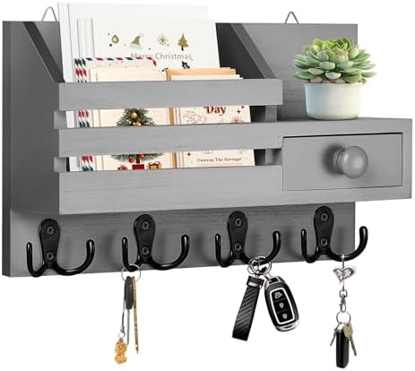 Key Holder Wall Mount, Wooden Key and Mail Organizer, Gray by HOMEBROS