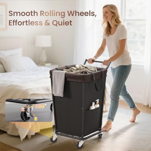 160L Laundry Hamper with Wheels and Handle, 2-Section Rolling Hamper for Laundry, Large Laundry Basket with Wheels, Rolling Laundry Basket Clothes Hamper for Home, Bathroom and Dorm(Black) - Image 3