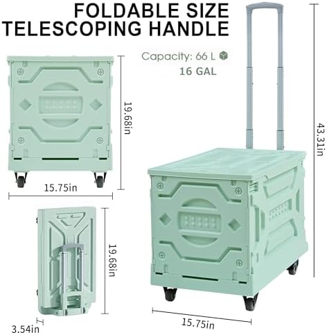 VECELO Foldable Shopping Cart with Wheels, Collapsible Rolling Crate for Groceries, Folding Storage Box with Handle, Three Modes of Use, Ideal for Teacher, Trip, Outdoors, Etc., 16GAL, Green - Image 2