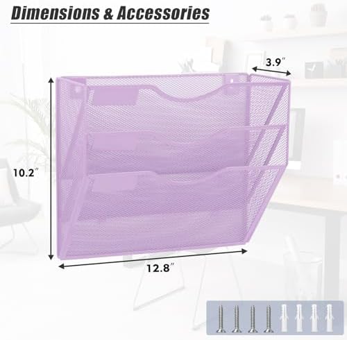 EASEPRES 3 Pocket Mesh Hanging Wall File Organizer, Wall Mounted Mail Paper Document Folder Holder, Clipboard Storage Organization Magazine Rack with Nametag Label for Office Home School, Light Purple - Image 2