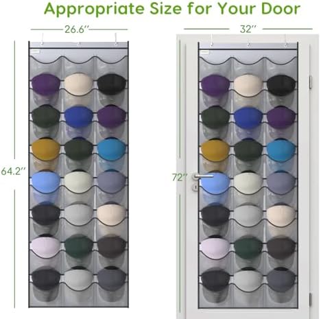Baseball Hat Rack, 24 Pocket Over-The-Door Hat Organizer with Clear Deep Pockets to Display Baseball Caps Collection, Complete with 3 Over Door Hooks (Grey, 24 Pockets) - Image 5