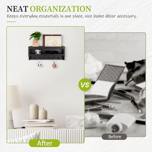 Nekon Key Holder Wall Mount, Pine Wooden Mail Organizer, Black - Image 7