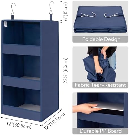 GRANNY SAYS 3-Shelf Hanging Closet Organizer, Foldable Storage, Navy | 33 lb Capacity, No-Sag Support, Keeps Clothes Neat, Folds Flat, Fits RV, Dorm & Small Closets, 2 Pack - Image 3