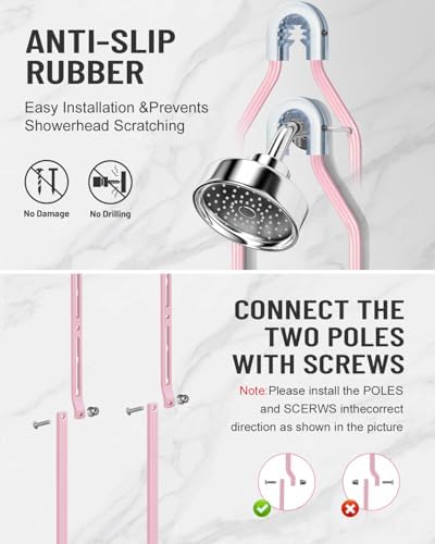 Adjustable Shower Caddy Hanging for Handheld Showerheads - Never Rust Shower Hanging Organizer, Upgraded Bathroom Shower Rack with Soap Basket, Hooks and Toothbrush Holder (Pink) - Image 5