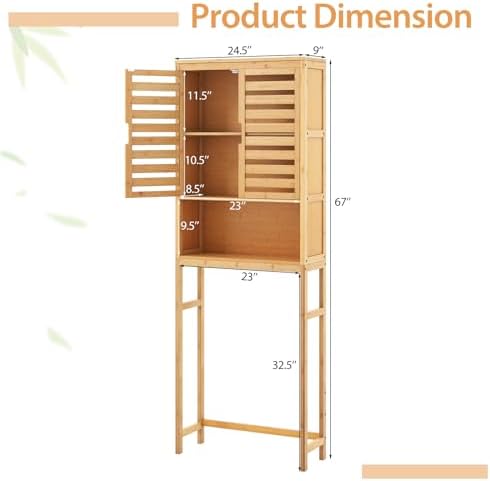 Tangkula Over The Toilet Storage Cabinet, Bamboo Bathroom Space Saver with 2 Doors, Adjustable Bottom Bar, Open Shelf, Freestanding Bathroom Cabinet Organizer Above Toilet for Restroom, Laundry Room - Image 2