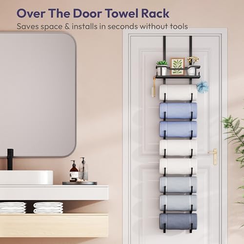 SWTYMIKI Over the Door Towel Rack - 9 Tier Towel Racks for Bathroom Wall Mounted, Towel Holder with Shelf, Hanging Rolled Towel Storage Organizer for Small Bathroom, Camper, RV, Black - Image 2