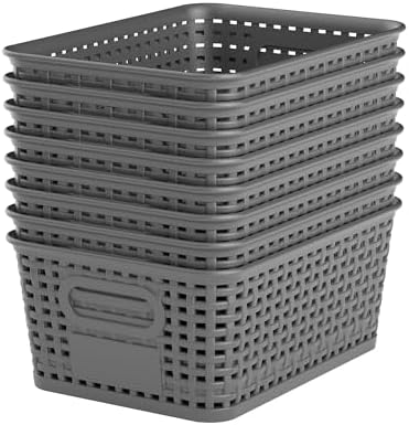 8 Pack Plastic Storage Baskets,Gray Stackable Storage Bins by WRRLORS