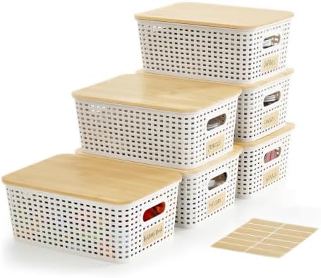 Bagnizer Small Plastic Storage Bins with Bamboo Lids 5.2qt Stackable Box Basket Pantry Decorative Containers Cute with Labels for Organizing Desktop Closet Office Cream White of 6 packs 10*7.2*4.1" by Bagnizer