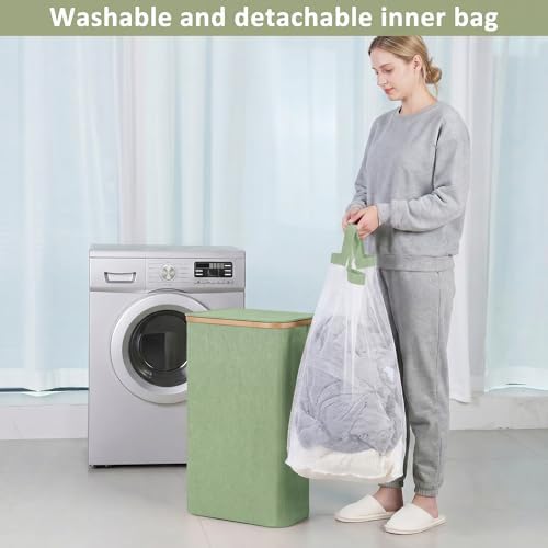 iEGrow 65L Slim Laundry Hamper, Narrow Laundry Basket with Lid,Foldable Clothes Hamper with Bamboo Frame,Hamper Basket with Removable Inner Bag for Laundry Room Bedroom College Dorm,17.17 Gals Green - Image 6