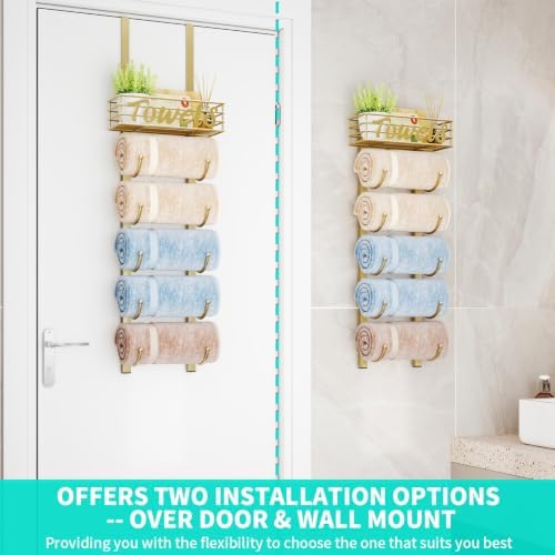 HapiRm Towel Racks for Bathroom Storage - 6 Tier Over The Door & Wall Mount Rolled Towel Storage Organizer Holder with Metal Shelf Basket for Small Bathroom, Camper, Rv - Gold, Patented - Image 3
