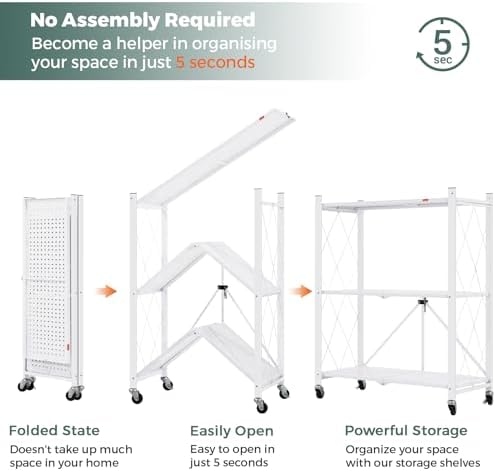 DEANIC 3 Tier Foldable Storage Shelves with Wheels, Large Capacity Shelving Unit, Freestanding Metal Wire Shelf Rack, No Assembly Organizer Rack for Garage Kitchen, Basement, Pantry(White Pack of 2) - Image 5