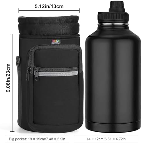 Nuovoware Water Bottle Carrier Bag, 64oz Bottle Pouch Holder, Adjustable Shoulder Hand Strap 2 Pocket Sling Neoprene Sleeve Sports Accessories for Hiking Travelling Camping, BlackCoal - Image 4
