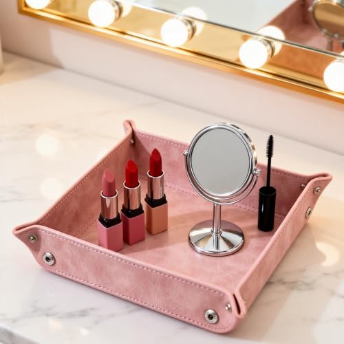 Valet Tray Desktop Storage Organizer – Vegan Leather Catchall Bedside Vanity Tray Nightstand Caddy Holder for Remote Controller, Watch, Keys, Phone, Wallet, Coin, Jewelry, Stone Pink - Image 5