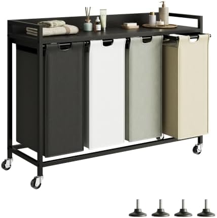 Herture Laundry Hamper with Shelf, Laundry Basket 4 Section, Laundry Sorter with Pull-Out Removable Large 4 Color Bags and Movable Wheels, Metal Frame, 4 x 15.87 Gallons (60L), Black PF07XLK by Herture