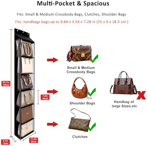 Lirex Over The Door Purse Organizer & Purse Shelf for Closet – Handbag Storage Organizer with Purse Hanger. Perfect for Scarves, Hats, and Leggings. S (11.8'' x 5'' x 51.6''), Black - Image 2