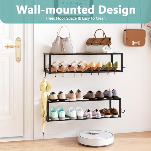 2 Pack Wall Mounted Shoe Rack, Expandable 16-29" with 4 Hooks - Image 4