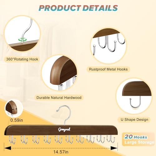 Gomyrod Tank Top Hanger, 2 Pack w/40 Hooks Bra Hanger for Closet Organizer | Premium Wood Space Saving Hanger, 360°Rotating Closet Organizers and Storage, Multi Hook Hanger for Dorm & Apartment,Brown - Image 2