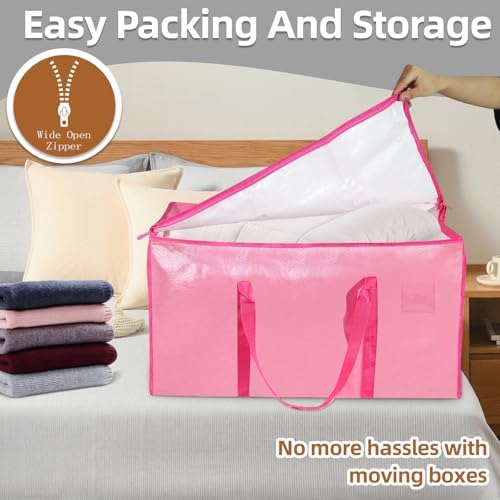 12 Pack-Extra Large Heavy Duty Moving Bags - Waterproof Storage Totes with Handles & Zippers, Foldable for College Dorm, Storage (Pink) - Image 5