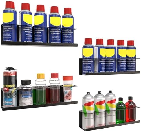 Riciakik 4 Pack Wall-Mounted Spray Bottle Holder, Aerosol Spray Can Holder Storage Rack, Heavy-Duty Paint Bottle Organizer With 20 Holes, Steel Black Spray Rack for Garage, Shop, Home or Tool Trailer by Riciakik