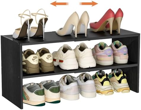 Black Shoe Rack Organizer for Closet, 2-Tier Expandable Shoe Shelf, Stackable Iron Wood Combination Small Shoe Racks Shelves for Closets, Entryway,Small Space,Hallway,Garage,6-12 Pairs by Cidaziya
