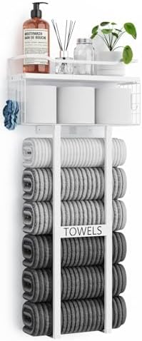 Aetyord Towel Racks for Bathroom 31inch Wall Mounted Towel Rack,Floating Shelf with Wood Plank,Towel Storage for Bathroom Can Holds 6 Large Rolled Towels,All White by Aetyord